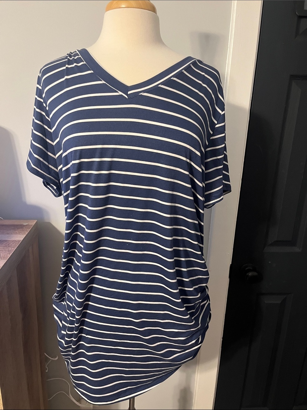 Striped V‑Neck Short Sleeve Maternity Tee in Navy and White